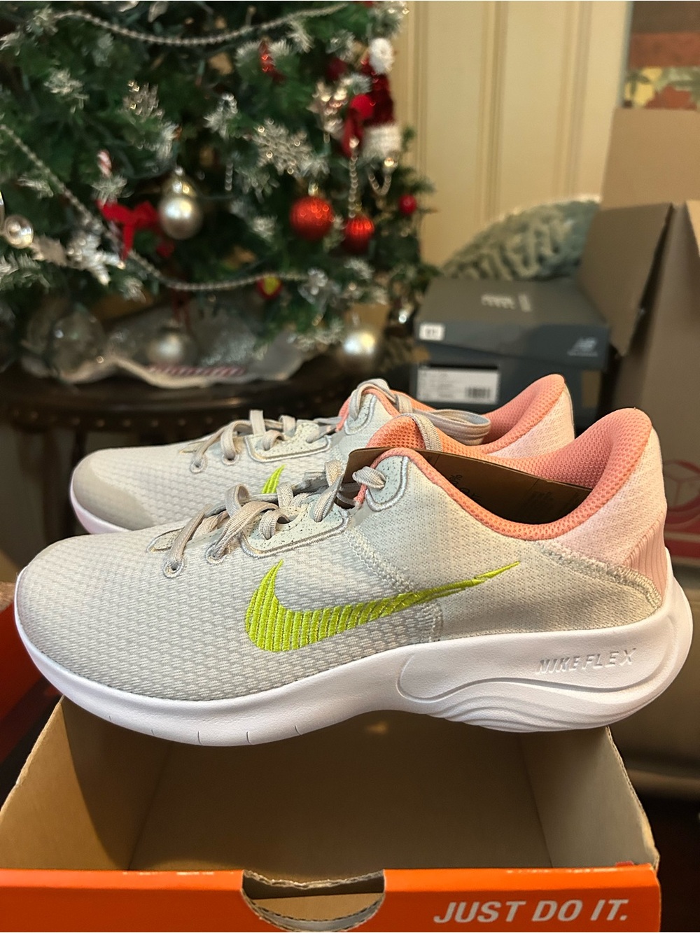Nike Flex Runner Women’s Light Gray & Coral Running Shoes with Lime Swoosh